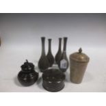 A Japanese bronze box with cover, another box, 4 small baluster shape slender vases, and a soapstone