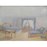 A pair of 1920's pencil and watercolour designs for a bedroom and dining room, unsigned 39 x 64cm (