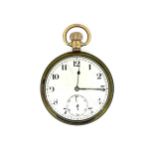 A 9ct open face pocket watch with gold plated bezel and presentation engraving, 77.7g gross