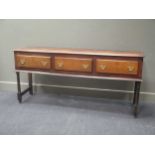 A 19th century oak dresser base with three drawers, 80 x 172 x 41cm approx