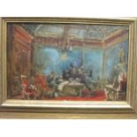 Oil Painting of Generals and soldiers in a grand room, 18.5 x 29cm