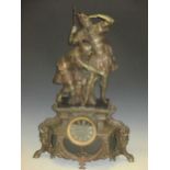 A bronze mantel clock with figural mounts, 64cm high