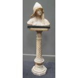 An early 20th century alabaster bust of a girl with hat, on a marble plinth 39cm high, on associated