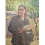 Russian school, 20th century, portrait of a young girl with a satchel of letters, oil on canvas,