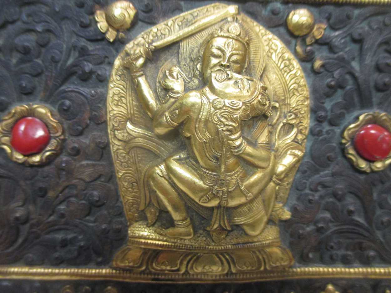 A possibly Tibetan rectangular metal embossed plaque gilt mounts - Image 3 of 6