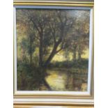 English School, late 19th Century, Willows on a riverbank at sunset, unsigned, oil on canvas, 44 x