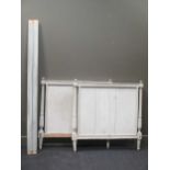 A French grey painted single bed together with a bed base and mattress