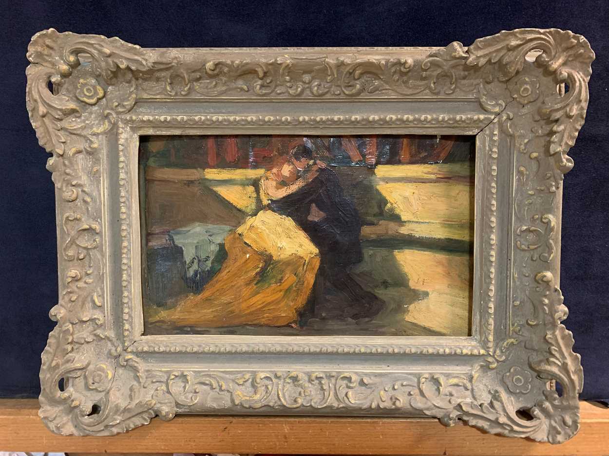 English School, early 20th Century, A Couple embracing, oil on paper laid down to panel, 18.5 x 30cm