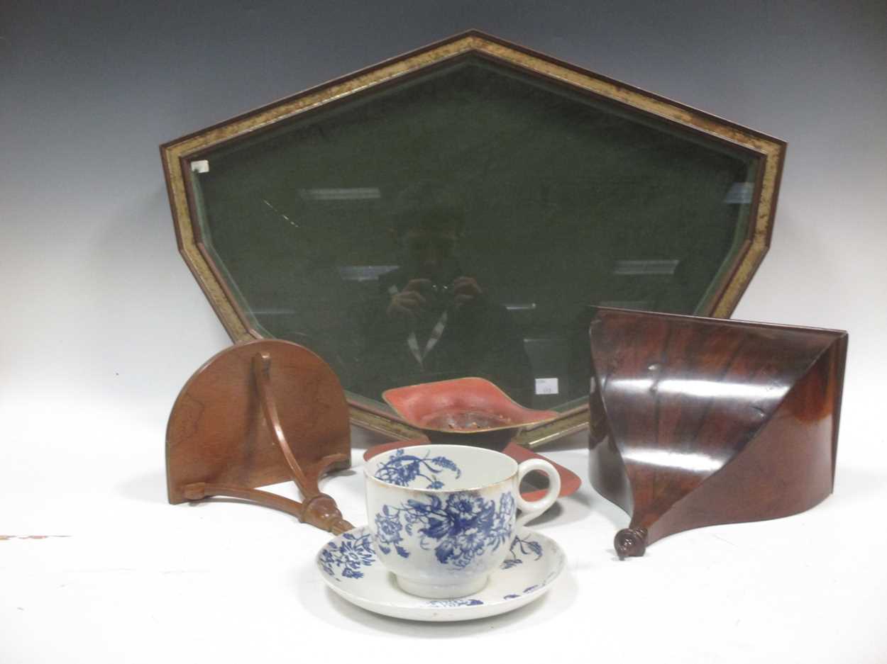 A glazed fan display case, a toleware dish, a m,ahogany wall bracket and another reproduction wall