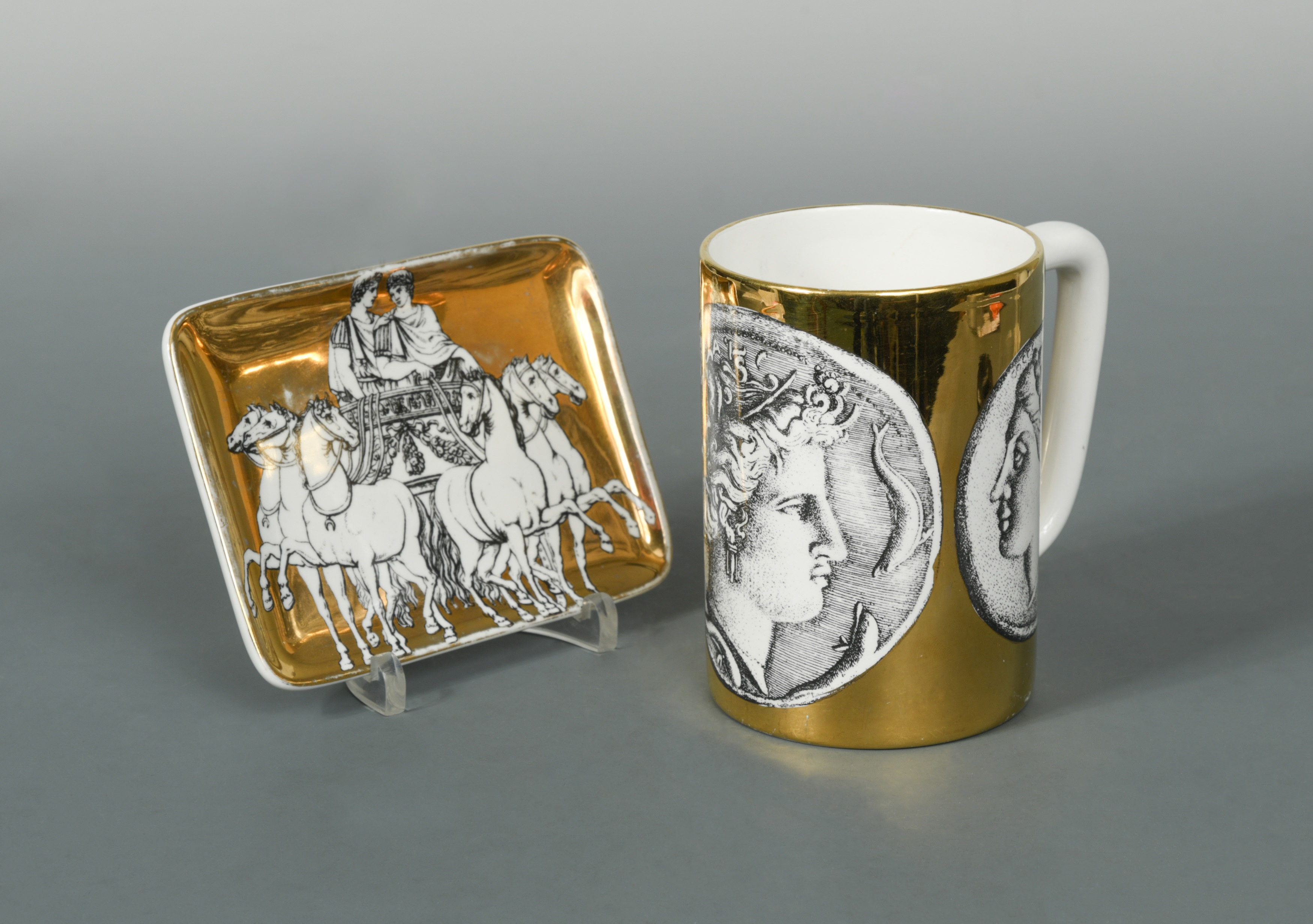 Piero Fornasetti, a gilded Cammei Oro pattern tankard,