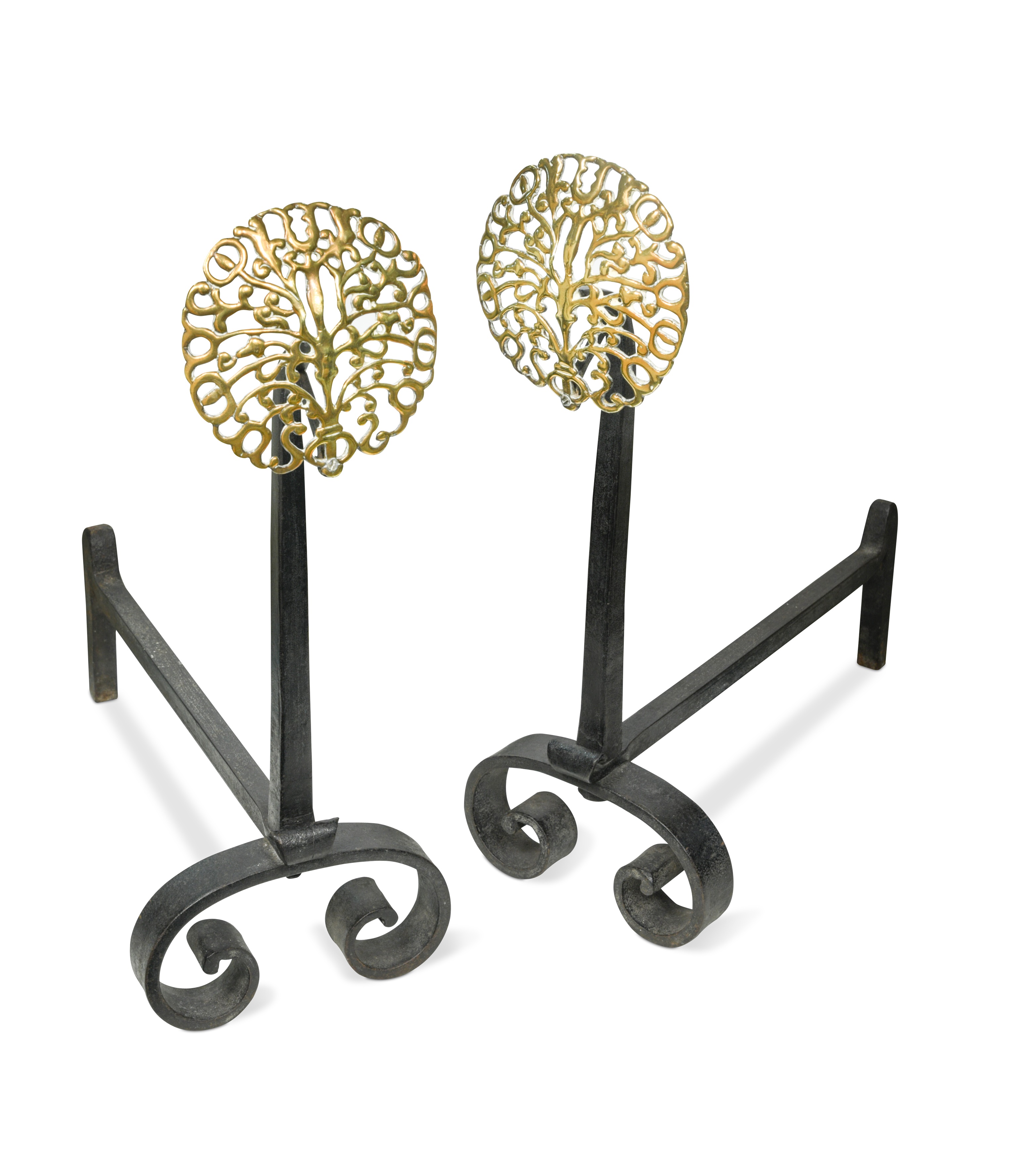 A pair of Arts & Crafts brass and iron andirons,