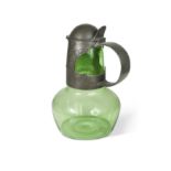 A Tudric pewter and green Powell glass claret jug and cover, circa 1904,