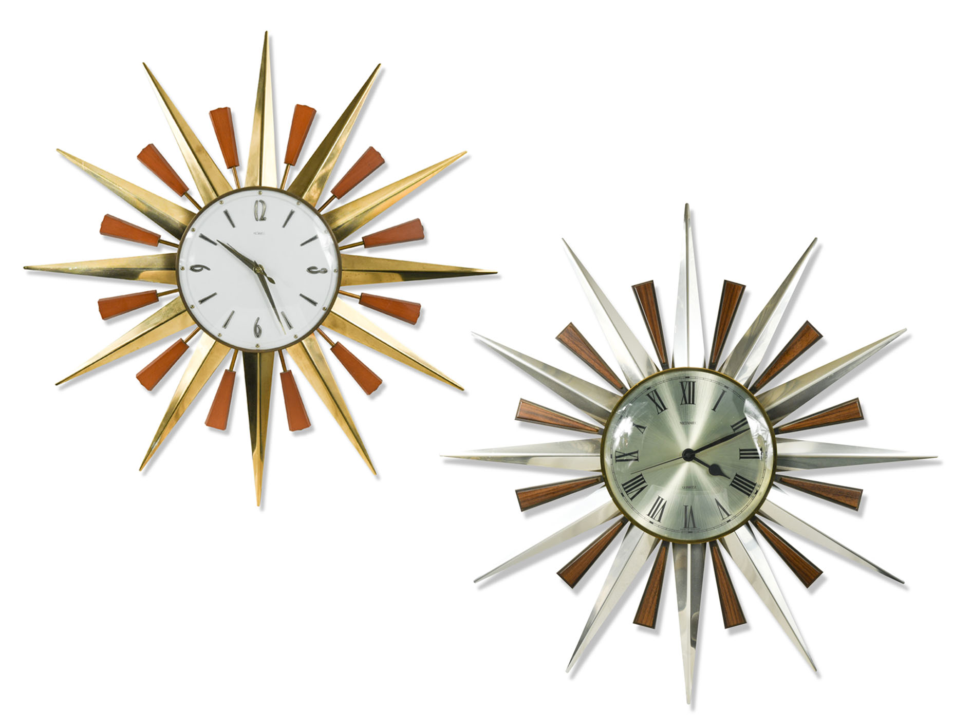 Two similar Mid-Century Metamec sunburst clocks,