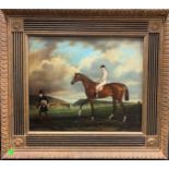 After John Ferneley, 'The Cur', a Chestnut racehorse with jockey up on Newmarket Heath, oil on