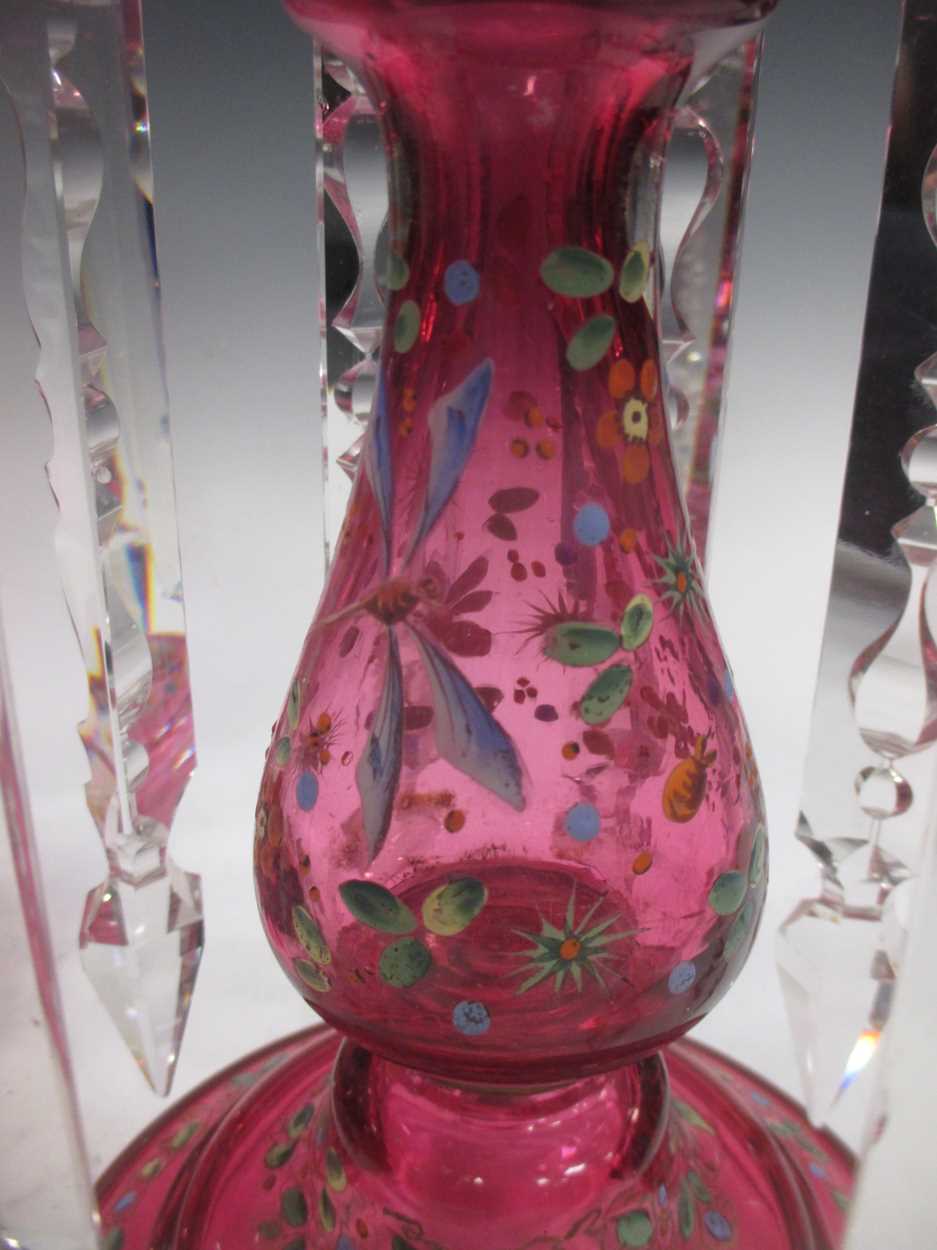 A pair of Edwardian Bohemian cranberry glass lustres, 39cm high - Bild 4 aus 6