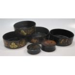 Two pairs of black lacquer Regency coasters together with two patch boxes (6)