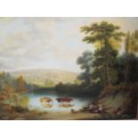 A pair of 19th century river landscapes with cattle and figures resting or fishing, oil on canvas,