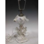 A white china floral lamp with modelled putti