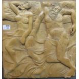 John Baldwin (20th century), carved wood panel of a nude couple in bed, signed to reverse, dated '
