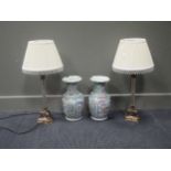 A pair of modern glass and brass table lamps and shades together with a pair of Canton vases (4)