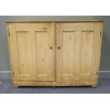 A pine side cabinet enclosed by a pair of panelled doors on ball feet, 112 x 147 x 36cm wide