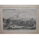 Three 19th century Swiss coloured aquatint scenic views, a pencil drawing and one other print (5)