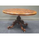 An oval burr walnut loo table c1860, 72 x 135 x 102cm