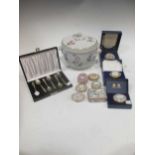 A group of 8 Halcyon Days enamel boxes, miniature Herend por pourri pot, Herend ice pail and