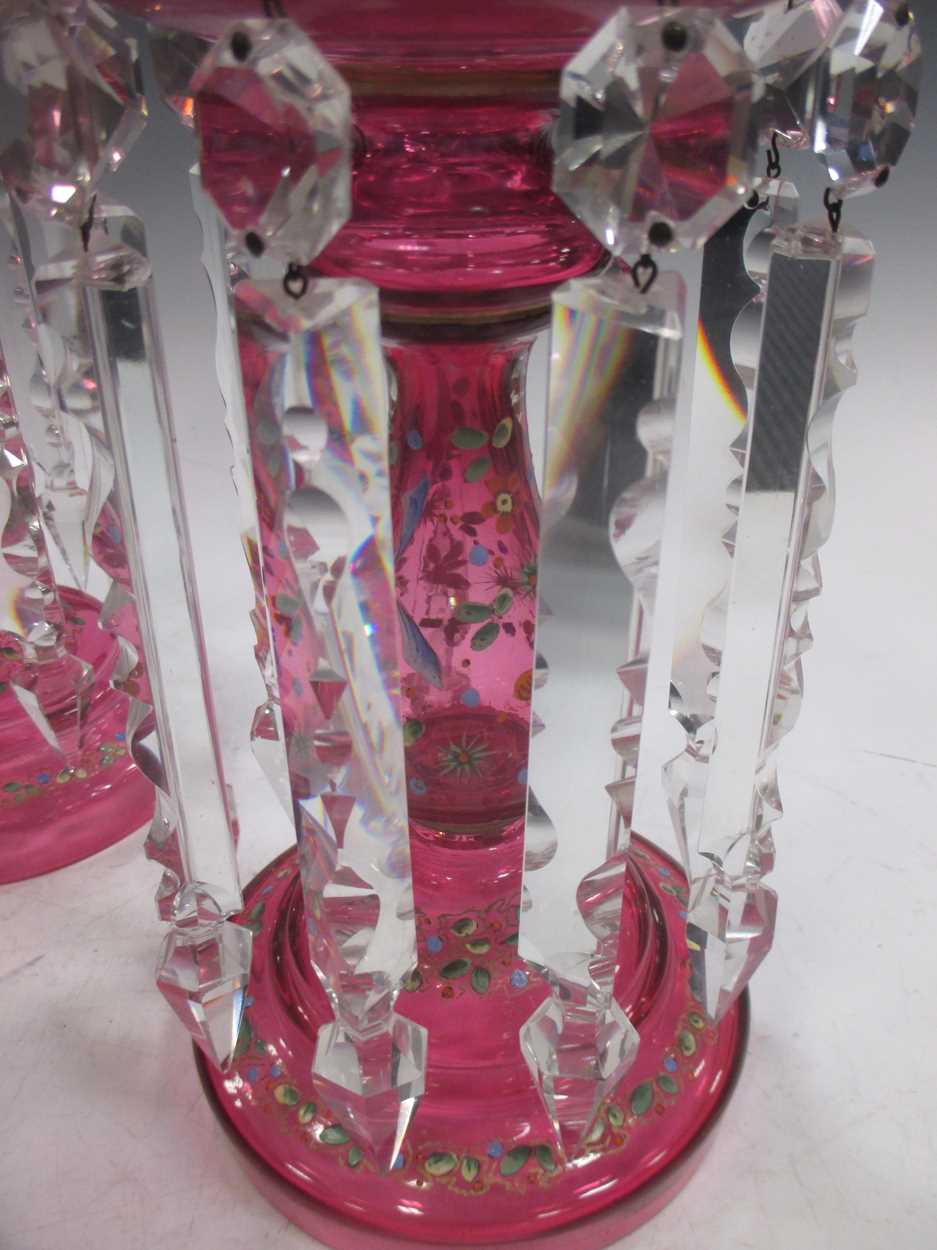 A pair of Edwardian Bohemian cranberry glass lustres, 39cm high - Bild 6 aus 6