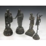A pair of Spelter figures, Milton and Shakespeare, a bronze figure of a Greek soldier and a figure