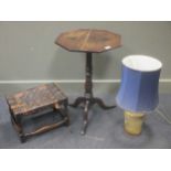 A 20th century oak stool with woven leather strap top together with an octagonal oak wine table