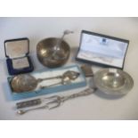 A silver bowl, armada dish, money clip and key ring together with a pickle fork with filled