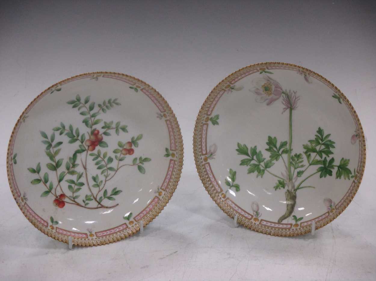 Two Royal Copenhagen Flora Danica shallow bowls, painted with Vaccinium Vitis Idoea and Pulsatilla