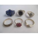 Two 9ct diamond set rings and a further four 9ct dress rings, 21.3g gross (6)