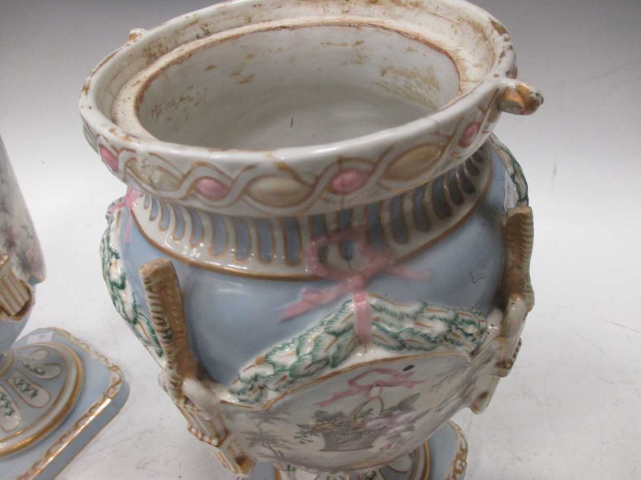 A pair of Continental porcelain pale blue ground vases, 19th Century (lacking covers), applied - Image 7 of 9