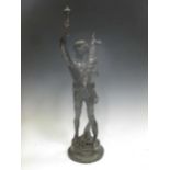 A 20th century bronze of a boy holding a flag 'Paix Travail', 60cm high