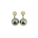 A pair of Tahitian pearl and diamond ear pendants,