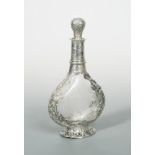 A continental metalwares silver overlay and decorated glass liqueur decanter,