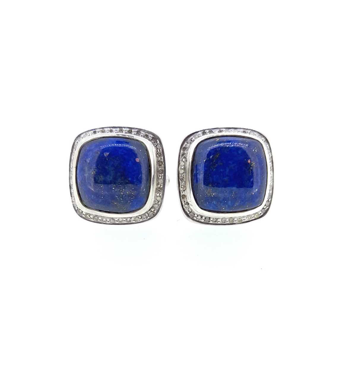 A pair of lapis lazuli and diamond cufflinks, - Image 3 of 3