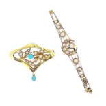 A pearl and diamond crescent bangle and a pearl and turquoise Art Nouveau brooch,