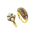 Two seed pearl and gem set rings,