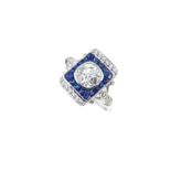 An Art Deco style sapphire and diamond plaque ring,