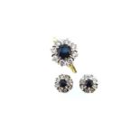 A sapphire and diamond cluster ring together with a pair of cluster ear studs,
