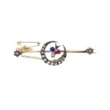 A diamond, sapphire and ruby crescent bar brooch,