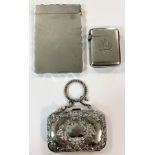 A silver card case, a silver vesta case by Sampson Mordan and a silver evening coin purse,
