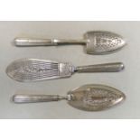 Three George III 18th century silver serving blades,