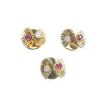 Three ruby and diamond set dress studs,