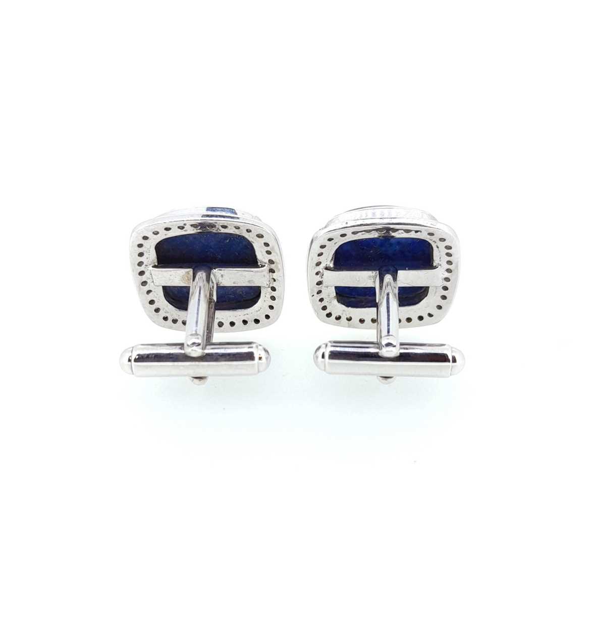 A pair of lapis lazuli and diamond cufflinks, - Image 2 of 3