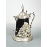 An oversized silver plated and wooden lidded hunting jug,