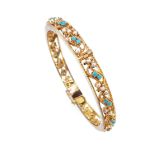 A turquoise and pearl set filigree bangle,